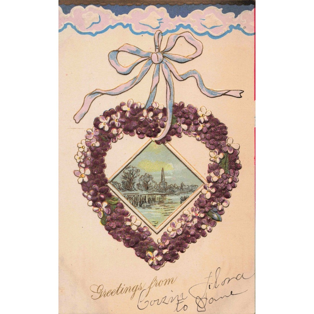 Vintage Embossed Postcard Heart Lilac Wreath Scenic Landscape Flora to Jane - Picture 1 of 2